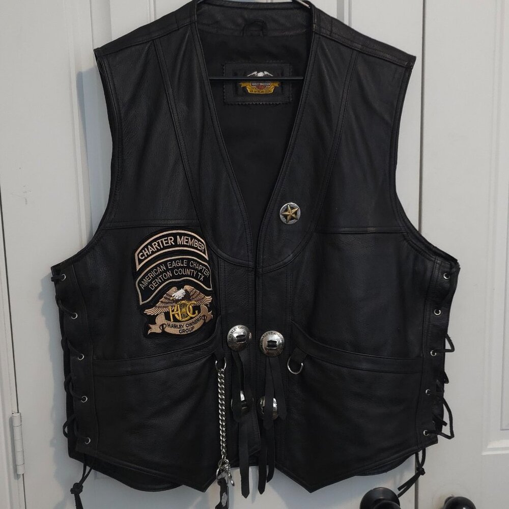 Harley-Davidson American Biker Black Leather Vest - Denton County TX Patches